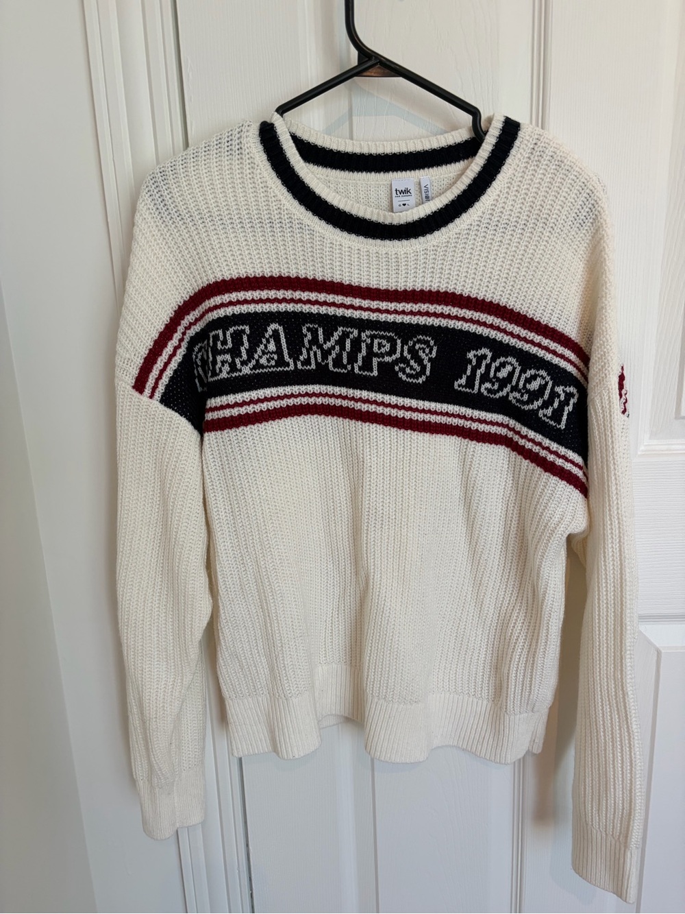 twik Cream Crewneck Sweater with Navy & Burgundy Stripes